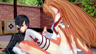 Kirito gauna blowjob iš Asuna, tada fucks jos sunku ant lovos.